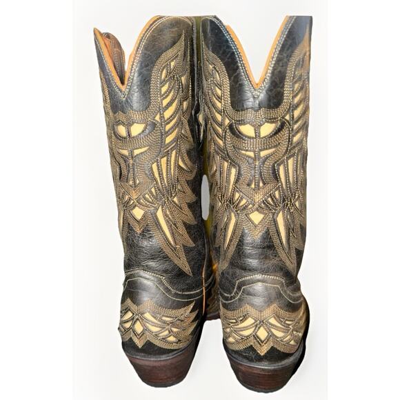 Womans Lucchese M3582 Black Crackle Lazer Design Bone Inlay Cowboy Boots 9.5 B - Picture 11 of 13